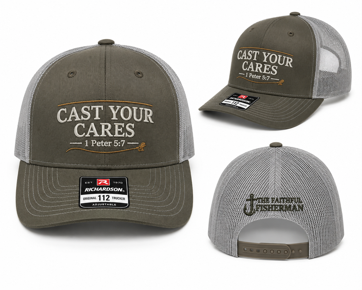 "Cast Your Cares" Trucker Hat – 1 Peter 5:7 | Richardson 112