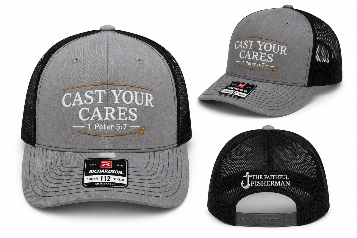 "Cast Your Cares" Trucker Hat – 1 Peter 5:7 | Richardson 112